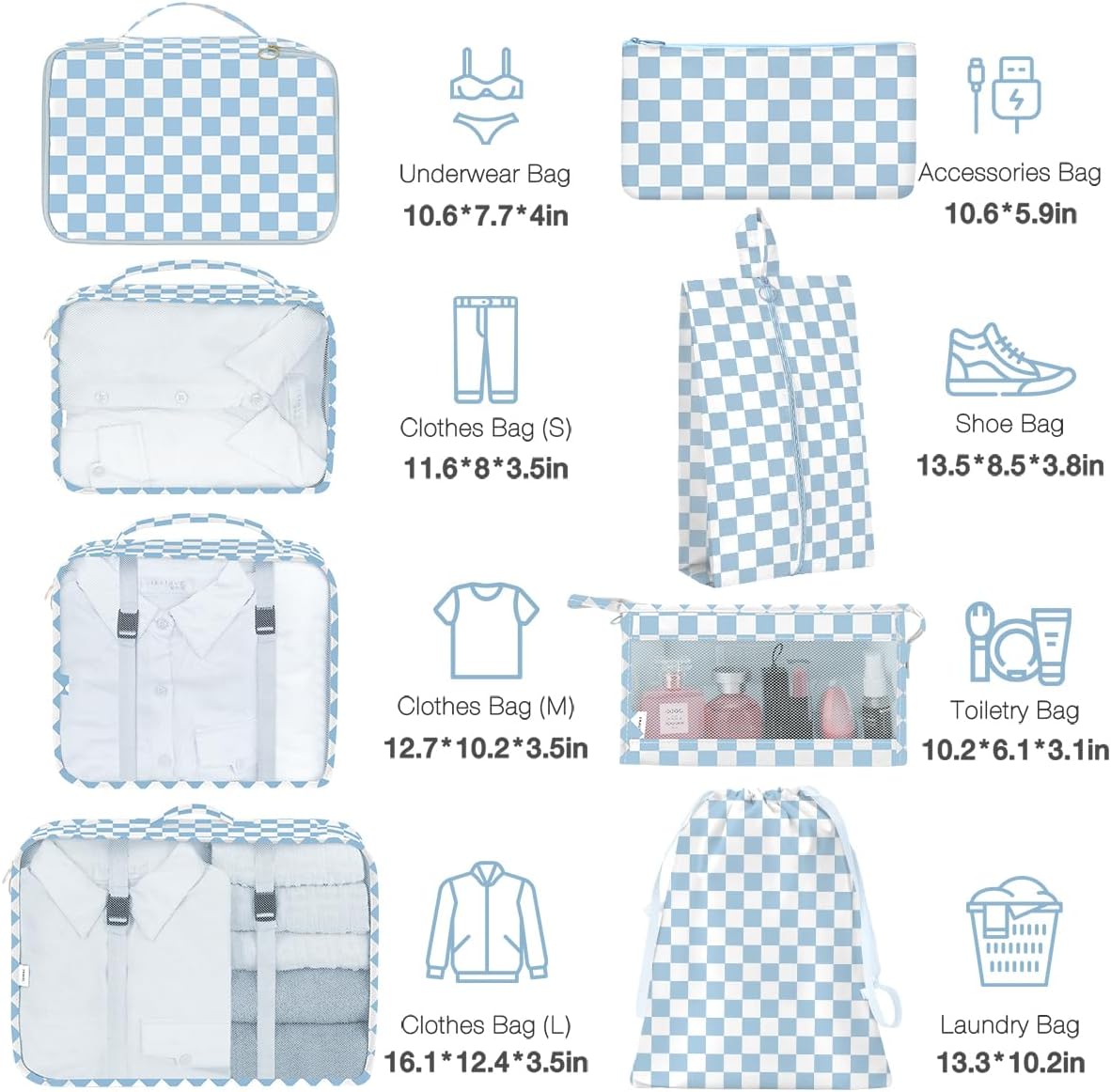 8 Set Packing Cubes for Suitcases,Packing Cubes with Shoe Bag, Cosmetics Bag, Clothing Bag, Accessories Bags Packing Cubes for Travel Luggage Organizer Women Men(Blue Checkered)