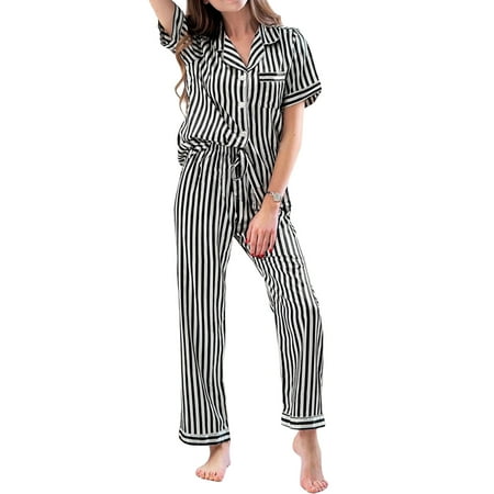 

Women 2 Piece Satin Pajamas Leopard Stripes Print Short Sleeve Button Up Shirt + Long Pants Lounge Sets Sleepwear