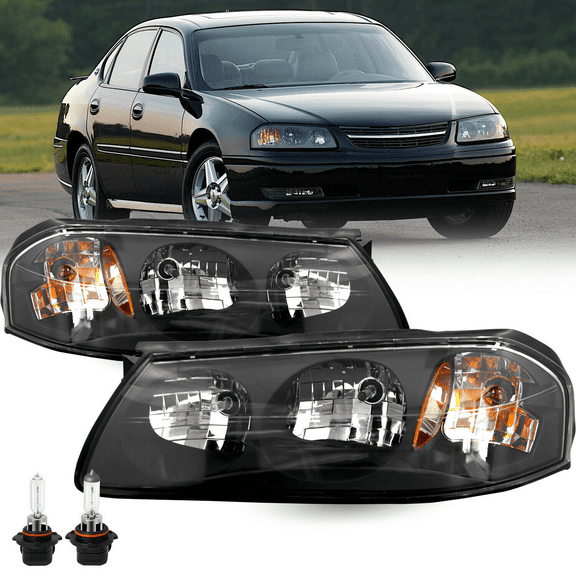 For 2000-2005 Chevy Impala Black Housing Amber Corner Headlight Headlamp Sets