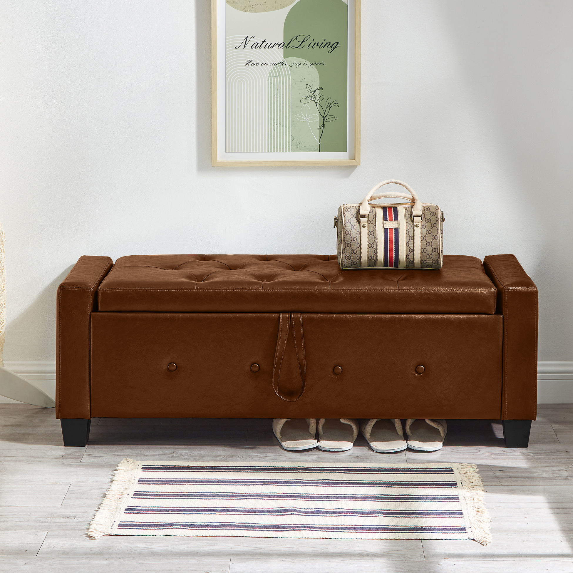 48" Storage Ottoman Bench, Upholstered Faux Leather Entryway Bench with Seating, Tufted Large End of Bed Ottomans for Living Room, Bedroom, Holds up to 300 lb, Brown