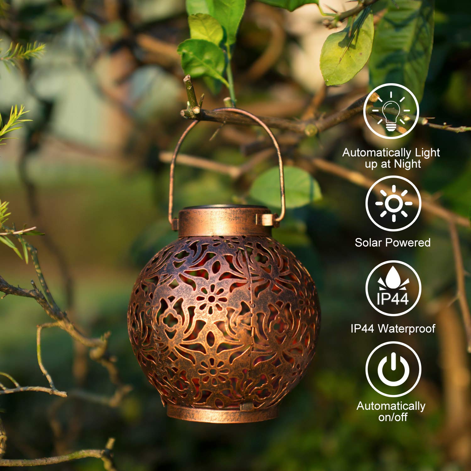 Pack Outdoor Solar Hanging Lantern Lights Metal LED Decorative Light for  Garden Patio Courtyard Lawn and Tabletop with Hollowed-Out Design. Bronze  Color.
