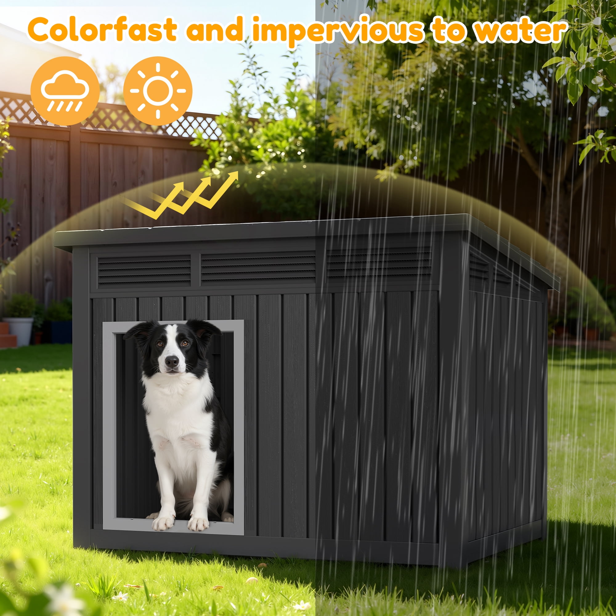Nihsuao Waterproof Dog House for Medium to Large Dogs, Indoor Outdoor PP Kennel with Ventilated Design & Removable Roof, Easy to Clean, Black, 42.2"L x 30"W x 31"H
