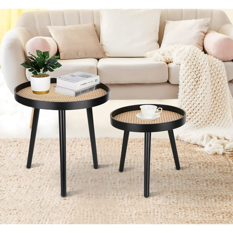 Rattan Round Side Table, Black Small End Table, Accent Table