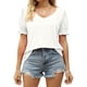 thumbnail image 2 of Bienvenido Mujeres Fruncido Puff Manga Top Cuello En V Color Puro Ajuste Suelto Casual Verano Jersey Camisa Blanco XL, 2 of 6
