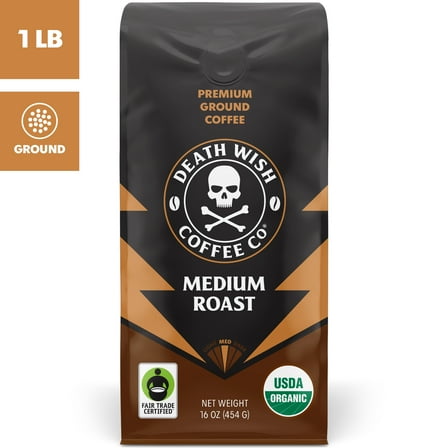 Death Wish Coffee, Organic and Fair Trade, Medium Roast, Ground Coffee, 16oz