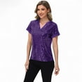 thumbnail image 4 of Women's Sequin Short Sleeve Top with Satin Trim V-Neckline and Rolled Cuffs - Small, Purple, 4 of 7