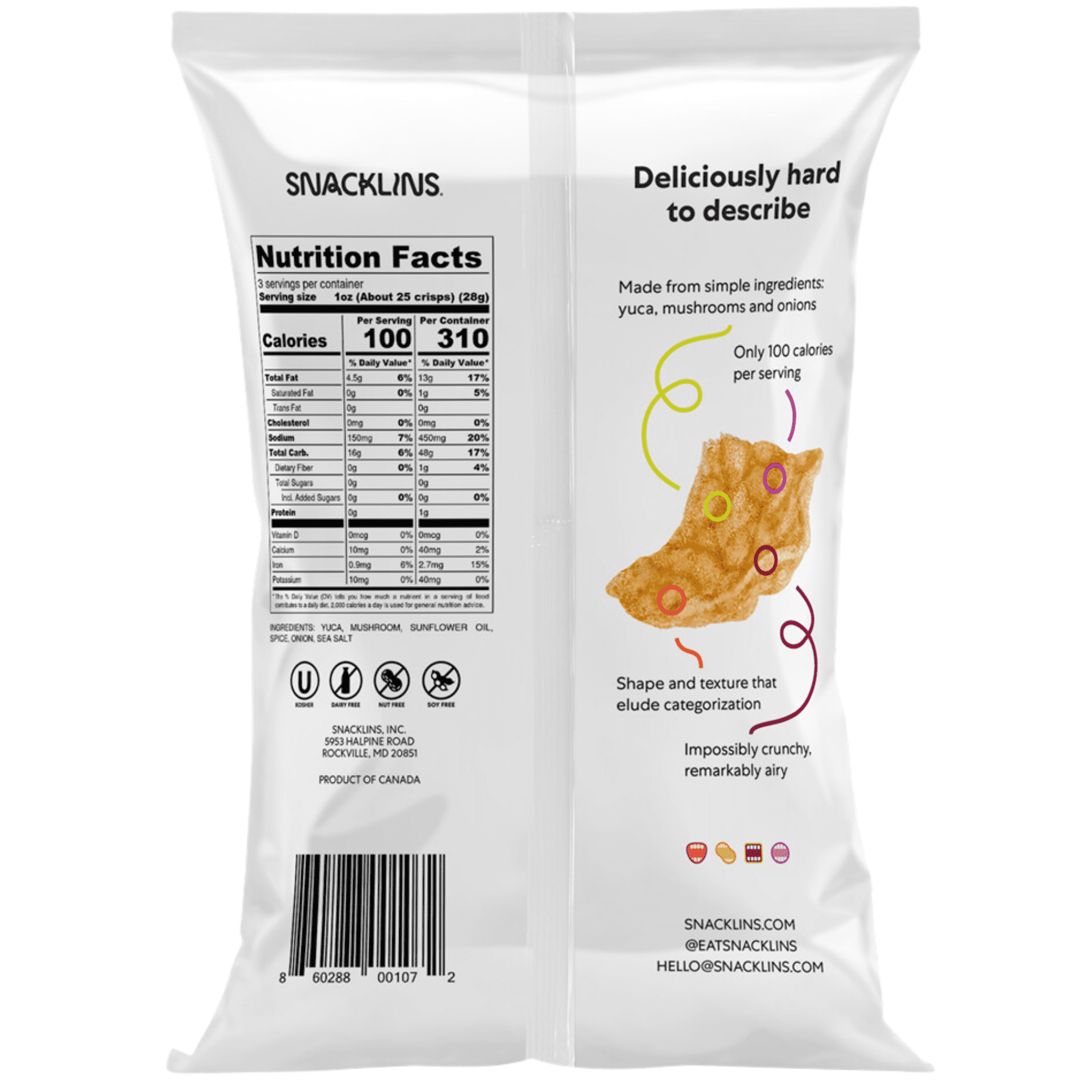 SNACKLINS Plant Based Crisps – Chesapeake Bay - Vegan Healthy Snacks - Gluten Free, Grain Free, Plant Based Crisps, 100% Kosher , Low Calorie - No Added Sugar, Crunchy, Puffed Snack - 3oz (12 Pack)