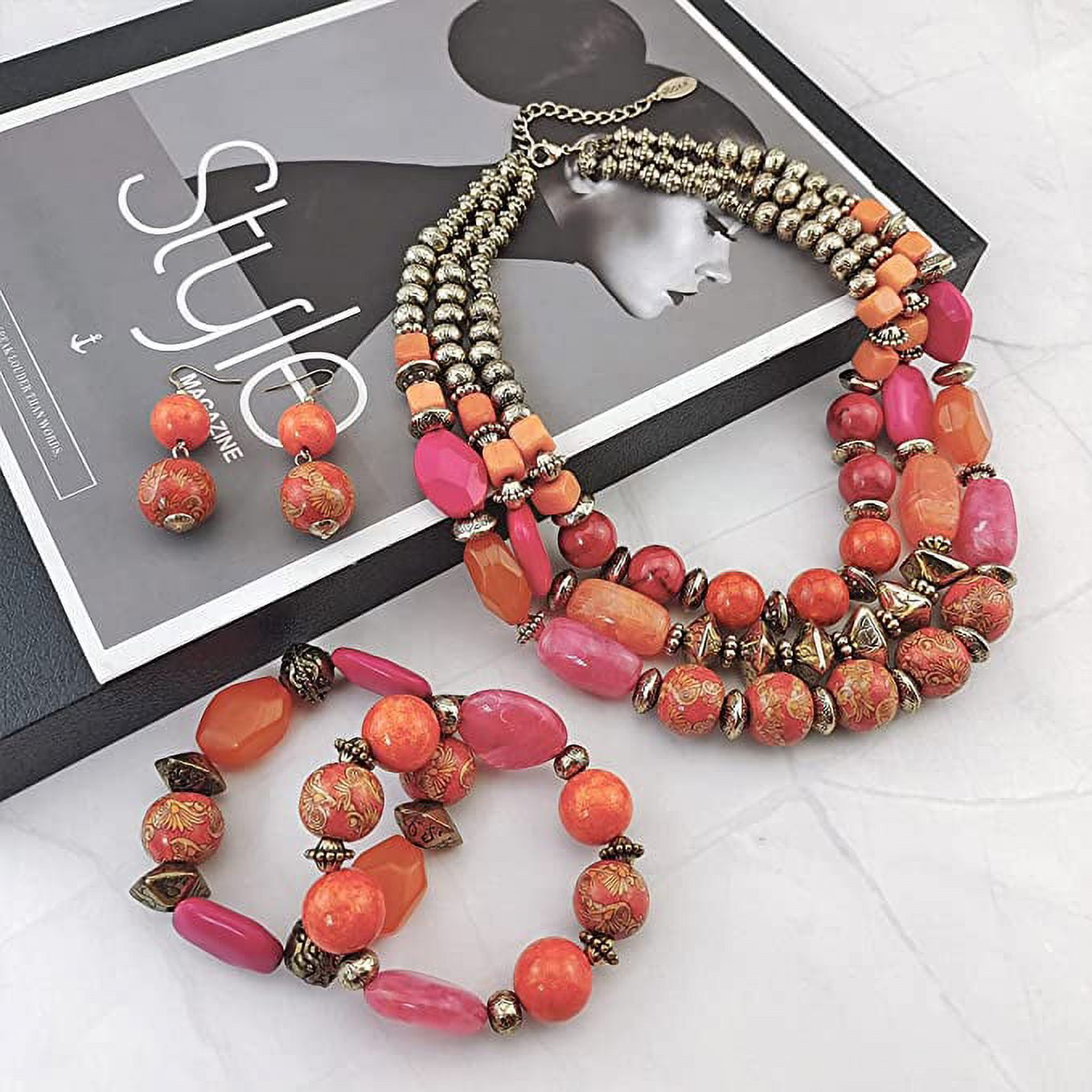 Bocar 3 Layer Chunky Statement Beaded Necklace and Earrings Set, Fashion Multi Layer Women Collar Necklace Jewelry Set (NK-10625-Pink Red Set)