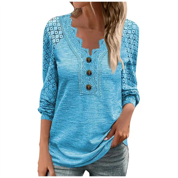 KBZDBZC Women Blouses Casual New Releases Top Lace Long Short Sleeve Blouses for Women Fashion Short Sleeve Button Up Shirts for Women Pattern Women’S Blouse T Shirt for Women (Blue,S)