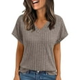 thumbnail image 2 of UVEASISHA Ribbed Knit Tops for Women Short Sleeve Solid V Neck T-Shirt Soft Comfy Blouse Tees Khaki XXL, 2 of 6