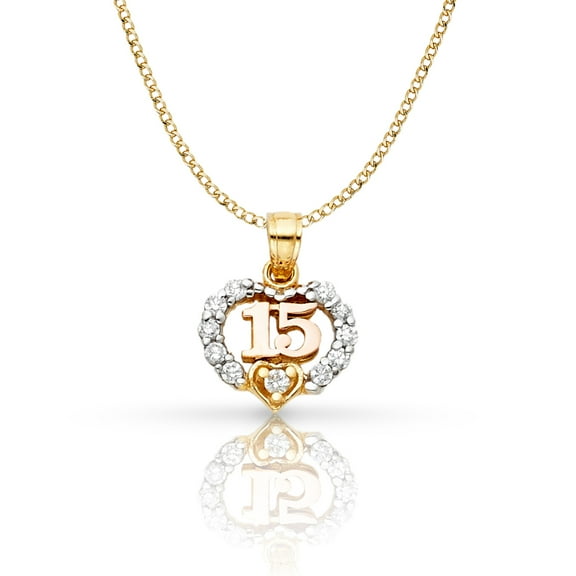 Ioka-14K Two Tone Gold Sweet 15 Years Quinceanera Heart Cubic Zirconia CZ Charm Pendant with 2mm Hollow Cuban Bevel Chain Necklace - 20"