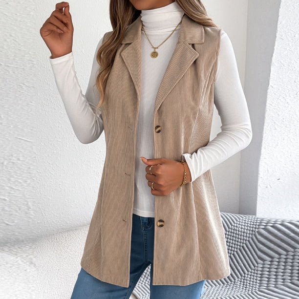 Chaquetas y abrigos casuales sin mangas y sin capucha para mujer, de color liso, informales, para otoño/invierno, con botones y cuello vuelto, chaquetas, camisa de poliéster para mujer