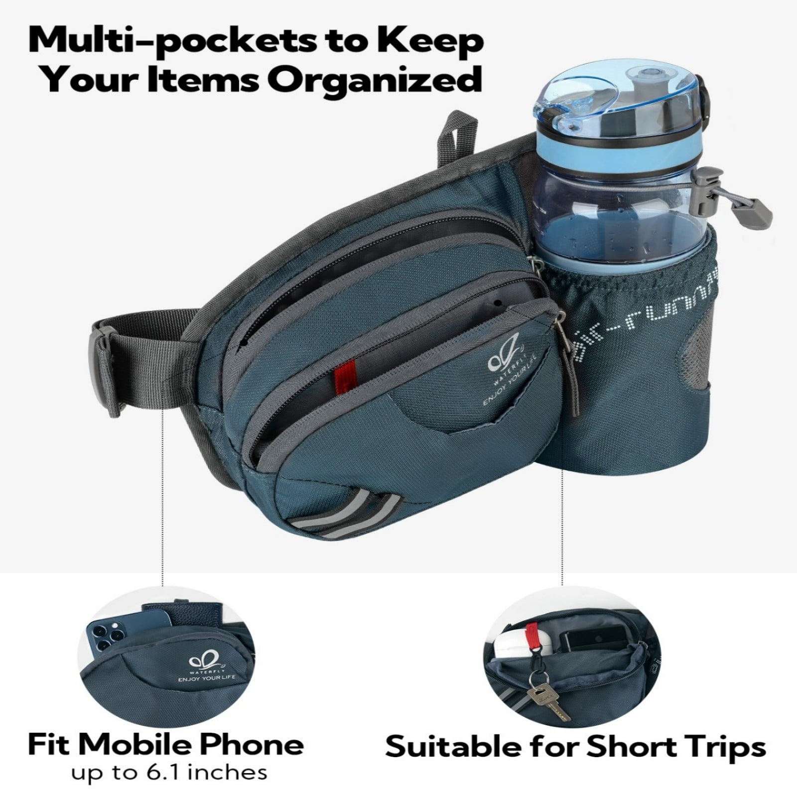 WATERFLY Unisex 3.5L Nylon Fanny Packs with a Water Bottle Holder Travelling Hiking Walking,Dark Gray