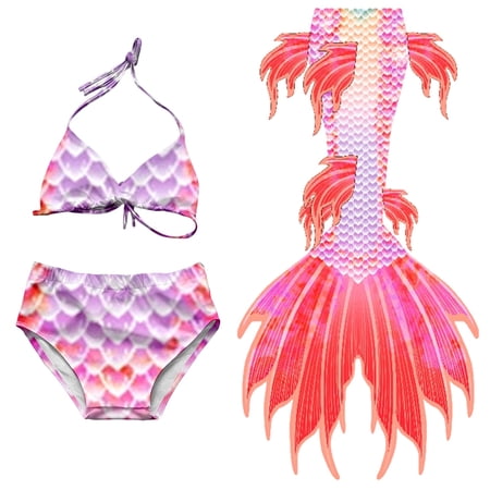 Lkhaha Swim Suits for Girls 2026 Fish Scale Print Bikini Tail 3 Piece Set Kids Swimwear Hot Pink 13-14 Years