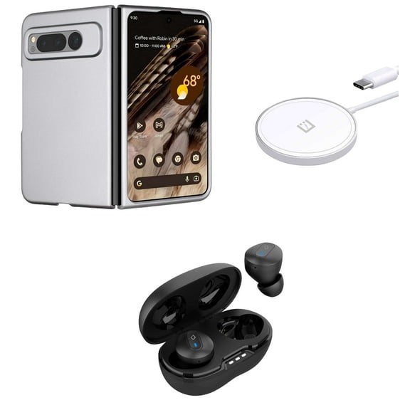Premium Accessories for Google Pixel Fold - Snap-On Slim Protective Matte Finish Cover Phone Case (Gray), TWS Earbuds with Charging Case, 15W Magnetic Fast Charging Wireless Charger