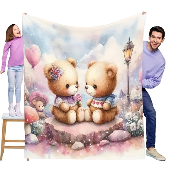 Romantic Two Teddy Bears Cute Fun Print Flannel Blanket Soft Warm Cozy Skin-friendly Blanket For Sofa Bed Car Camping Office Home Decor Gift Blanket For All Seasons-Knit Fabric