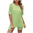 thumbnail image 2 of Jerdar Women Casual 2 Piece Short Sets Summer Leisure Suit Solid Color Round Neck Blouse Suit Sets Green M, 2 of 5