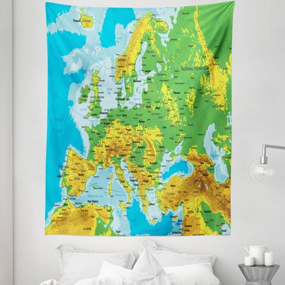 Map Tapestry, High Detail Map of Europe with Borders Countries Cities, Fabric Wall Hanging Decor for Bedroom Living Room Dorm, 5 Sizes, Multicolor, by Ambesonne