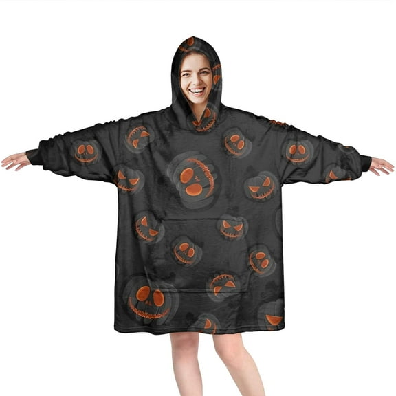 Wearable Oversized Blanket,Black Halloween Pumpkins Wearable Blanket Hoodie for Adults,Cozy Hooded Blankets with Super Pockets,Super Warm Fuzzy Pullover for Women & Men