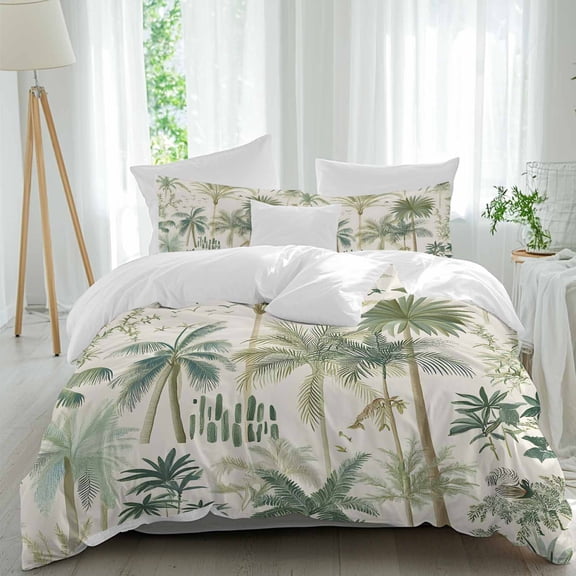 3 Piece Green Palm Trees Duvet Cover Set Queen Size, Microfiber Comforter/Quilt Cover with Corner Ties and 2 Pillowcases, Tropical Summer Botanical All Season Soft Bedding with Zipper Closure