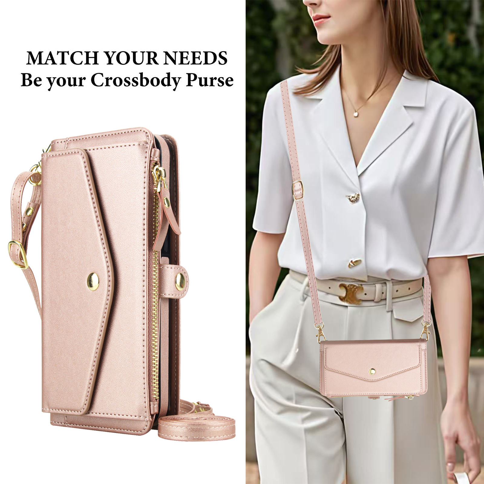 Designed for Google Pixel 8 Multi-Function Wallet Phone Case,With Shoulder Strap&Wrist Strap,Cash Pocket&Card Slots,Zipper Purse,Magnetic Detachable PU Leather Flip Phone Case,Rosegold