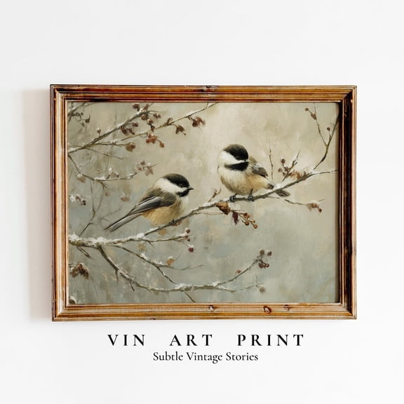 Winter Chickadees On Snowy Branch, Vintage Songbird Wall Art, Rustic Woodland Bird Decor, Nature Home Decor #264, Unframed Poster Size 8x12