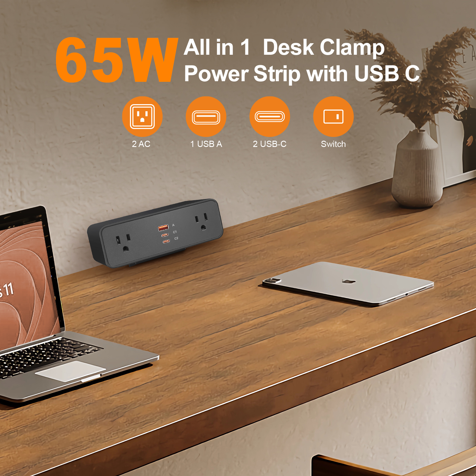 Desk Clamp Power Strip USB C 65W, Desktop Edge Mount Fast Charge Station 3 PD USB Port 2 AC Outlets 6ft Braided Extension Cord Flat Plug Fit Max 3.26’’ Tabletop Edge for Gaming Office Table