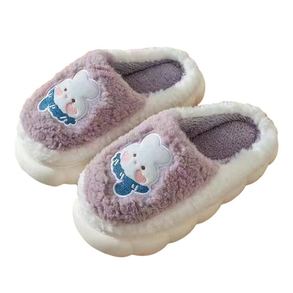 1 Pair Women Winter Slippers Thick Plush Cartoon Rabbit Thick Flat Sole Anti skid Slip on Warm Cozy Dorm Slippers Purple S