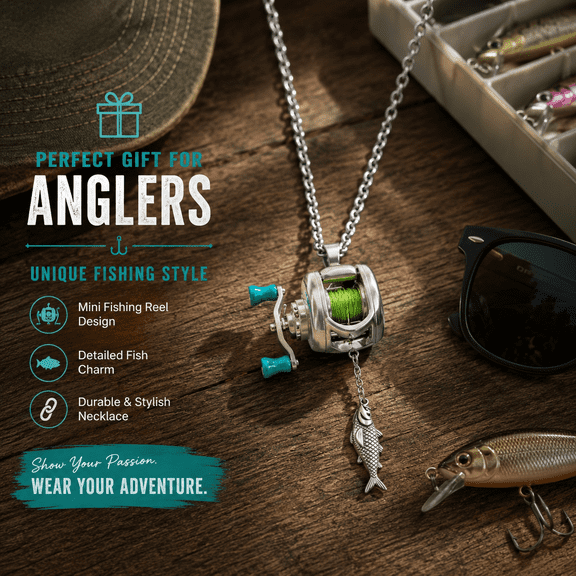 Mini Fishing Reel Necklace Pendant with Rotating Handle - Moving Line Guide Tiny Fishing Reel Charm, Jewelry Accessory for Men Women Fishing Enthusiasts, Small Metal Fishing Reel Pendant, Colorful