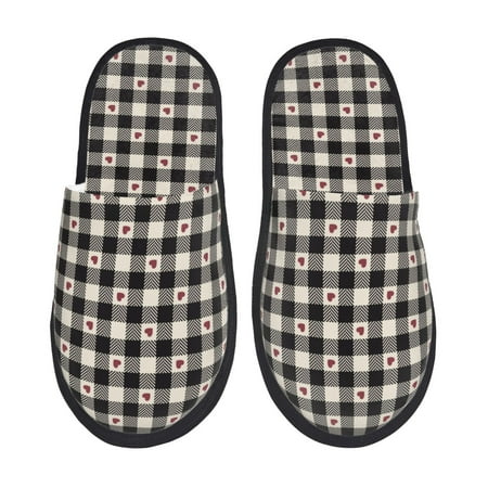 Balery Black Plaid Heart Slient Indoor Furry Fleece Comfort House Shoes Soft Non-Slip Home Shoes Cotton slippers House Slippers-- Large