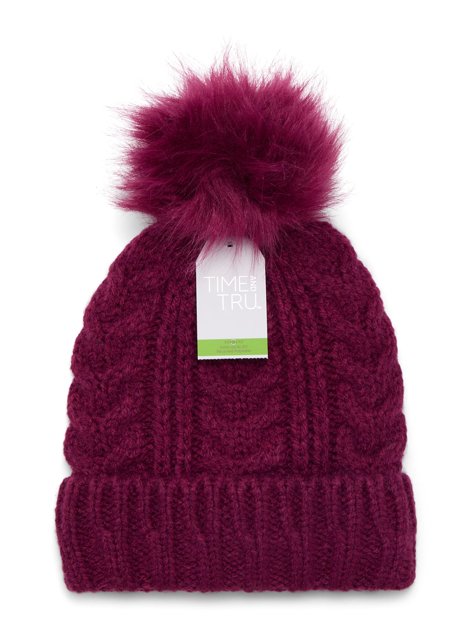 Time and Tru Women's Cable Pom Cuff Beanie, One Size Fits Most, Wine