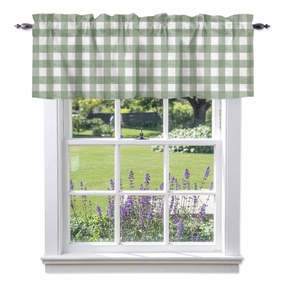 Sage Green Valance Curtains, Buffalo Plaid Rod Pocket Short Window Curtain for Kitchen Bathroom Bedroom, 42"x12"