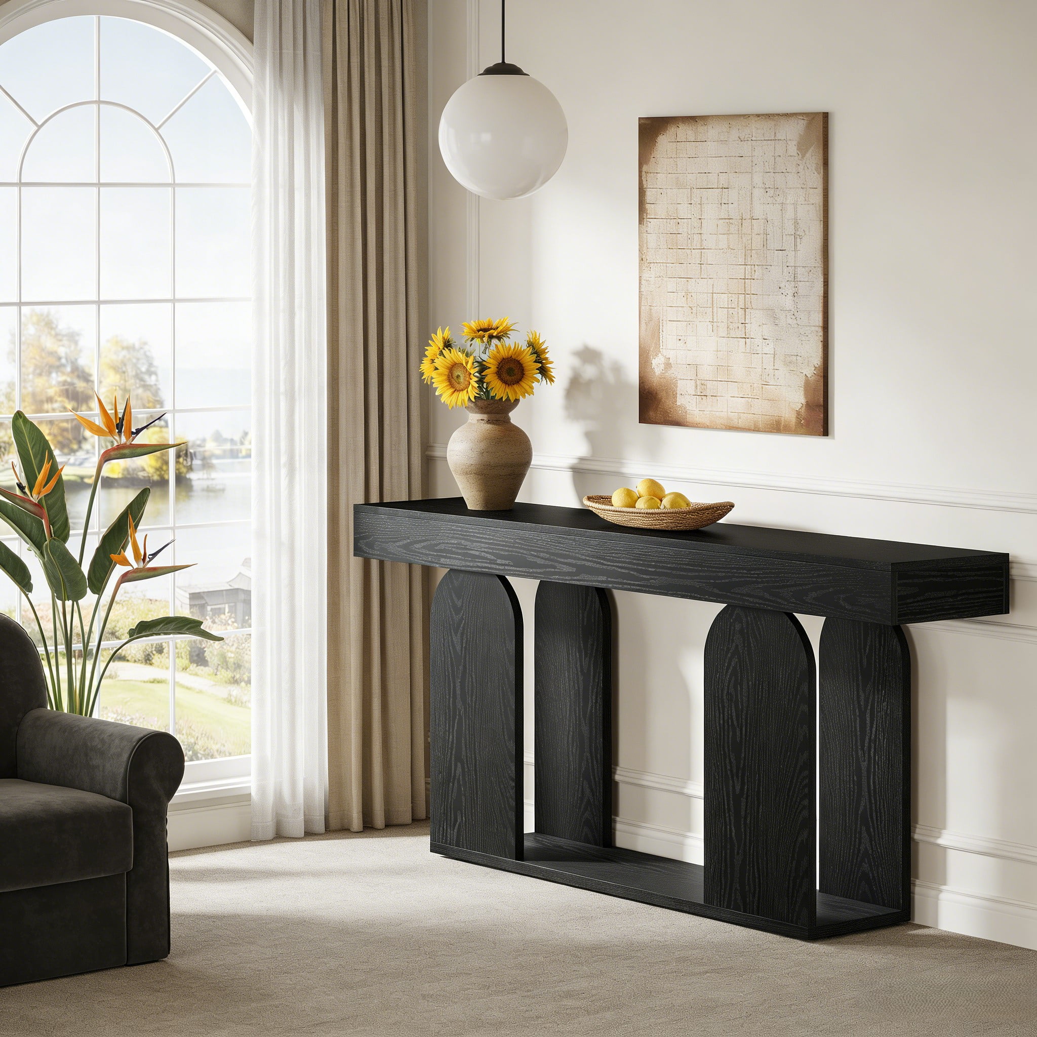 Fnova 70.87" Farmhouse Console Table for Entryway, 2-Tier Storage Long Narrow Wood Entryway Table, Easy Assembly, Black