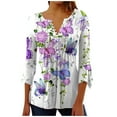 thumbnail image 2 of FAVIPT Bell Sleeves Tops for Women 3/4 Sleeve Shirts for Women Bell V Neck Graphic T Shirts Button Pleated Boho Tops Elegant Vintage Floral Blouse Purple,XL, 2 of 5