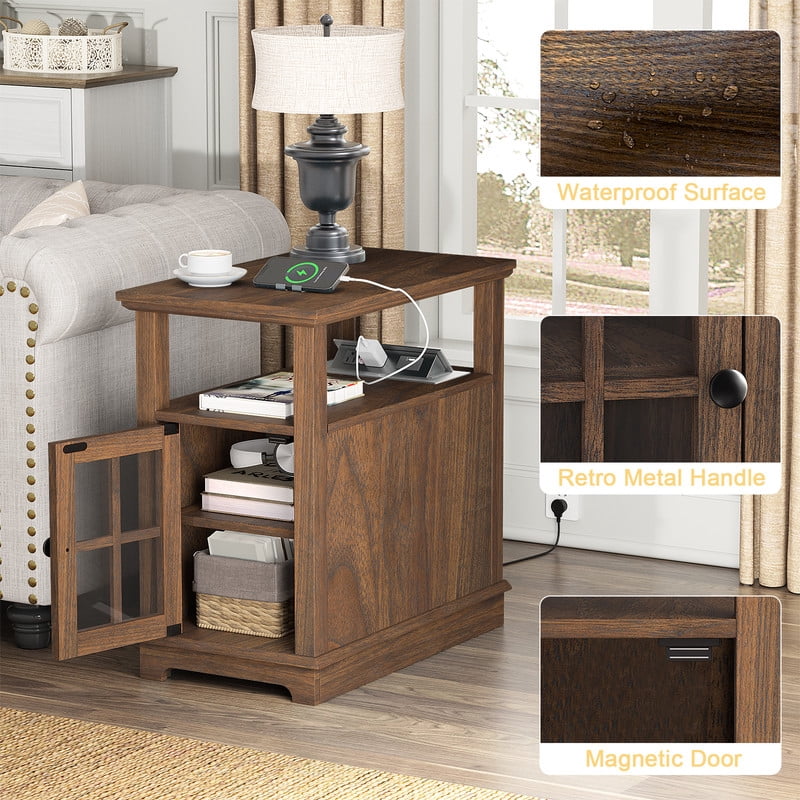 PLAMLE End Tables for Living Room with Storage Shelf,Narrow Sofa Side Table Slim Chair Side Table Adjustable Feet End table for Bedroom