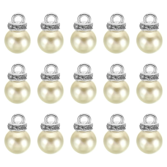 Uxcell 10mm Faux Pearl Pendants Drops, 100 Pack Round Imitation Pearl Beads with Rhinestone, Silver Beige