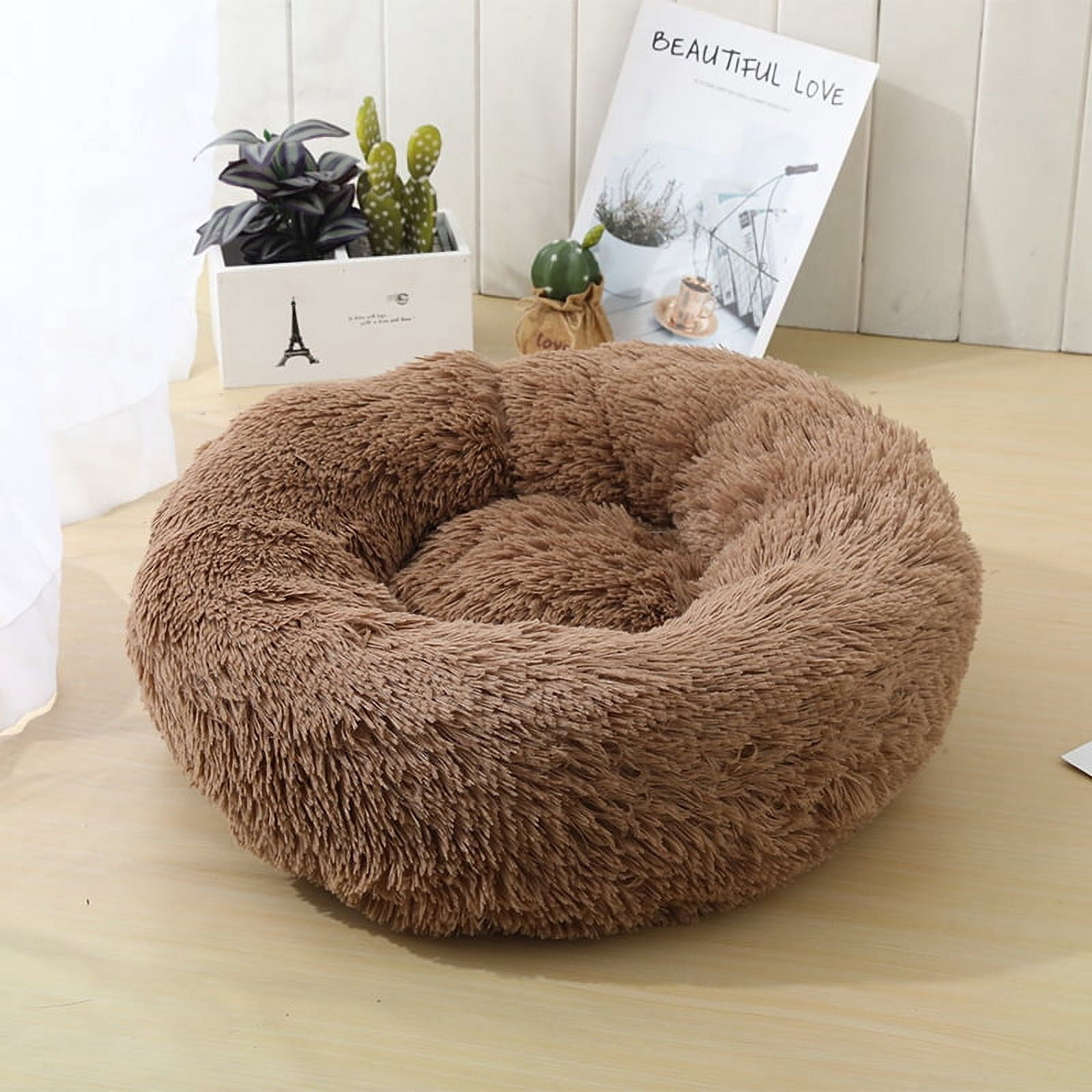 Calming Dog Bed for Medium Dogs - Donut Washable Medium Pet Bed, 30 inches Anti-Slip Round Fluffy Plush Faux Fur Cat Bed, Fits up to 45 lbs Pets