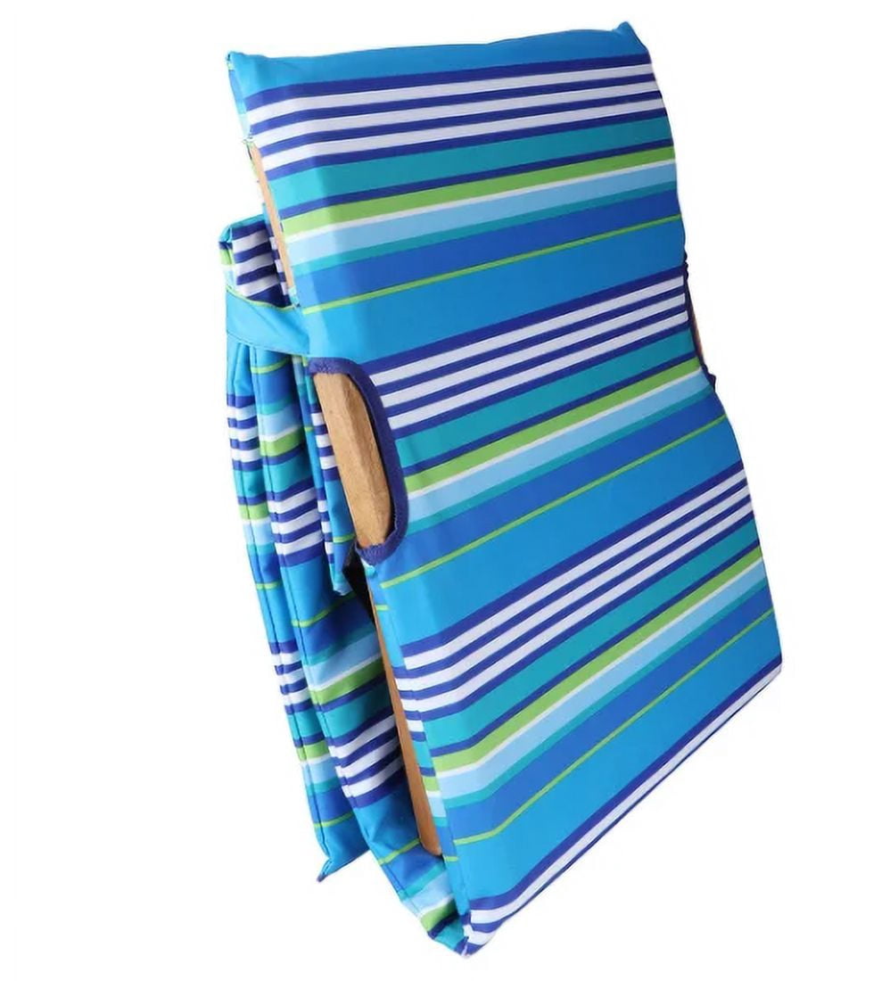 Melino Portable Beach Lounger with Acacia Wood Folding Table - Lightweight, Adjustable and Padded Backrest, Outdoor Chair with Backpack Straps and Large Pouch for Storage - Blue Stripe