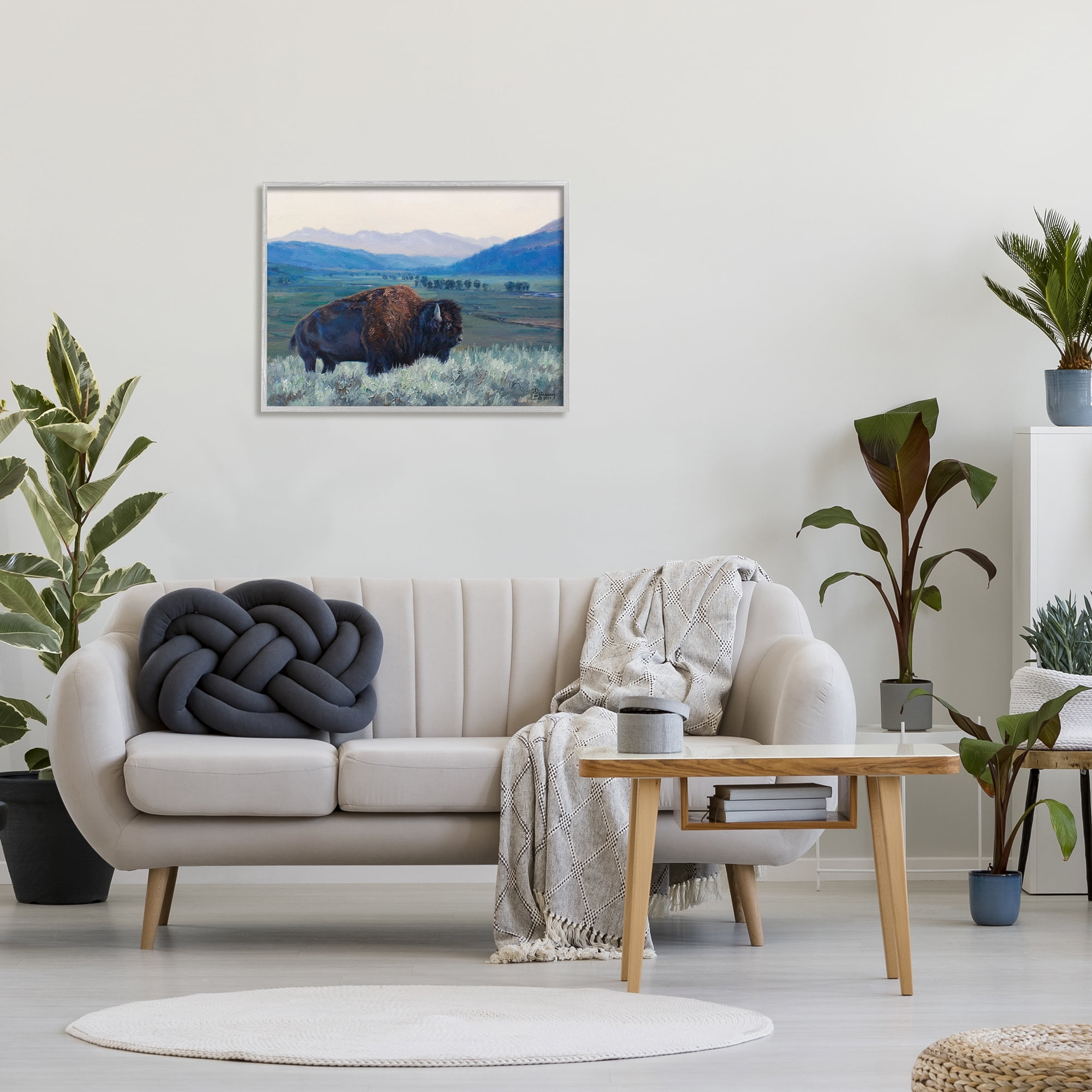 Stupell Industries Bison in Rural Landscape Animals & Insects Painting Gray Framed Art Print Wall Art, 30 x 24