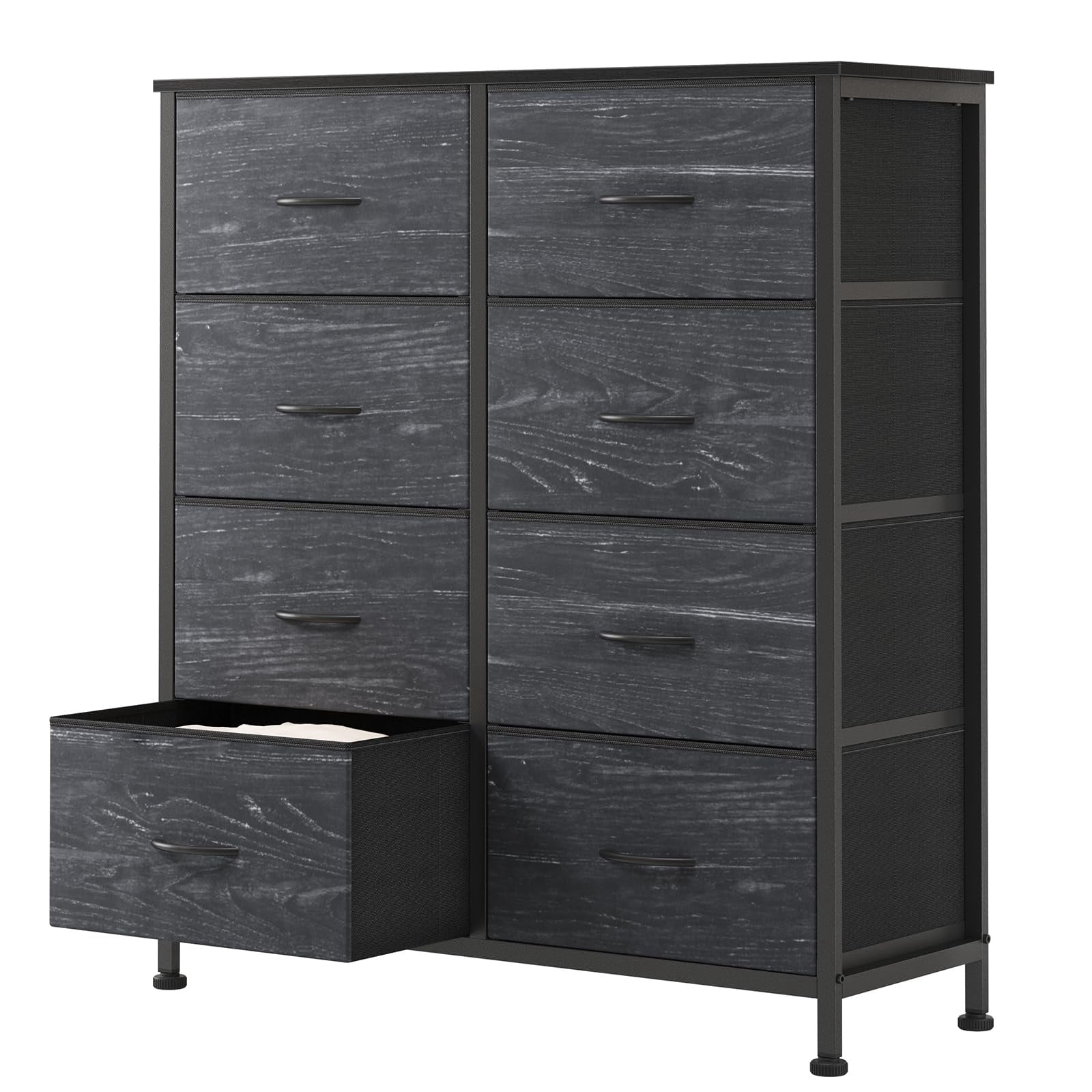 Telyra 8-Drawer Fabric Dresser Tall Storage Tower with Wood Top and Steel Frame Bedroom Closet Organizer, Black Wood Grain