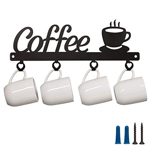 Coffee Mug Holder Wall Mounted - Coffee Bar Decor Sign, Coffee Cup Rack Holds 4 Cups, Coffee Sign Mug Hanger, Mug Storage Coffee Signs Made in The USA ...