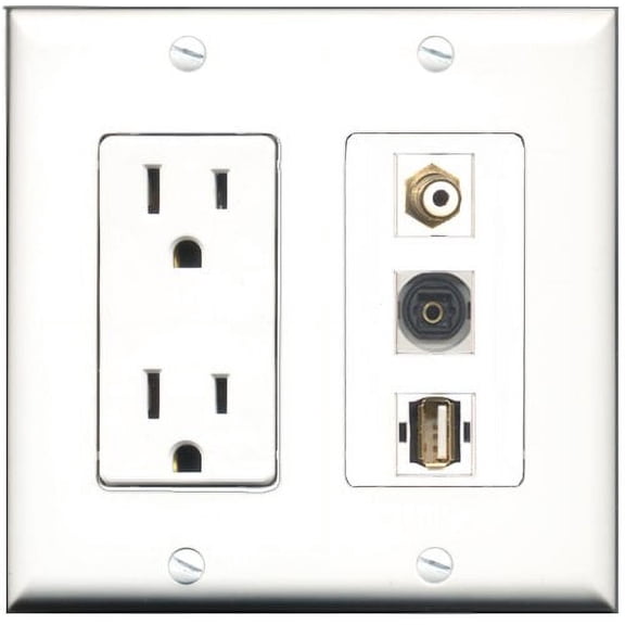 RiteAV - 15 Amp Power Outlet 1 Port RCA White 1 Port USB A-A 1 Port Toslink Decorative Wall Plate