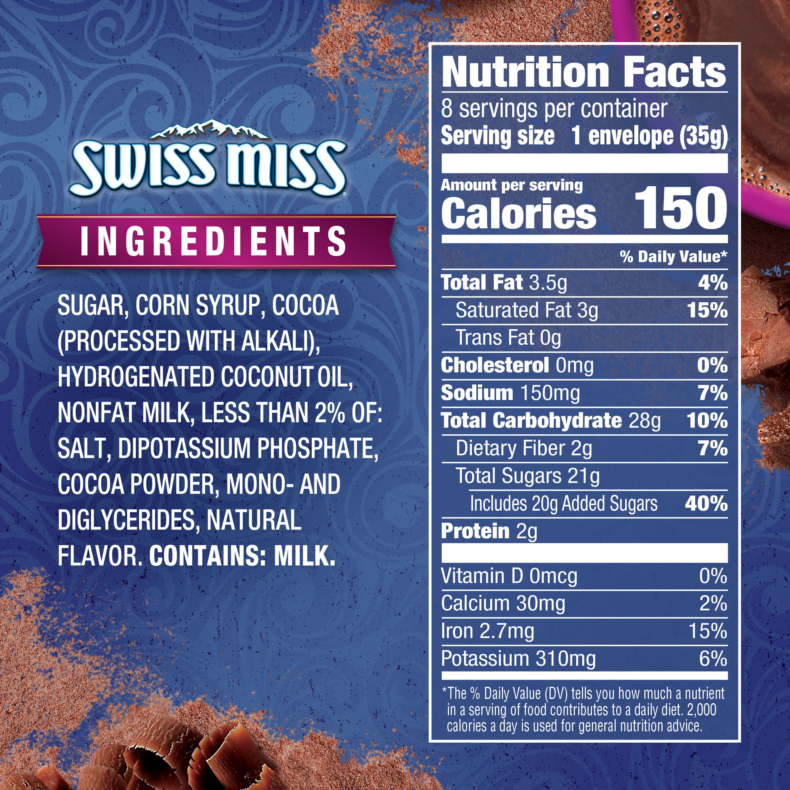 How many calories in swiss miss sugar free hot chocolate Swiss Miss Indulgent Collection Dark Chocolate Sensation Hot Cocoa Mix Packets 8 Count Walmart Com Walmart Com