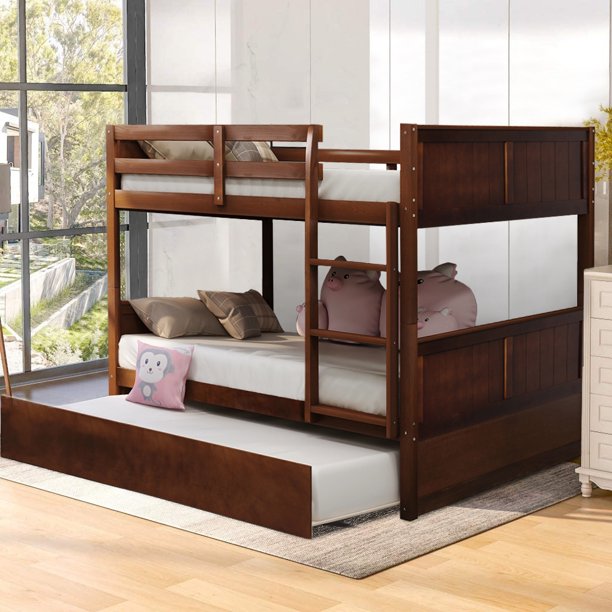 Full Over Full Bunk Bed with Twin Size Trundle, Solid Wood Bunk Beds Full Over Full with Safety