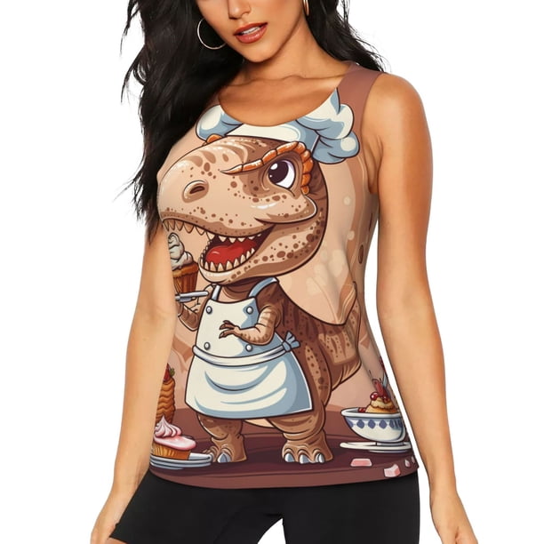 Fotbe Dinosaur Baking Delight Blusas Sin Mangas para Mujer – Estilo Casual, Corte Suelto, Slim-Fit, Cuello Redondo Deportivo, Tops de Verano para Gimnasio y Yoga-XX-Large