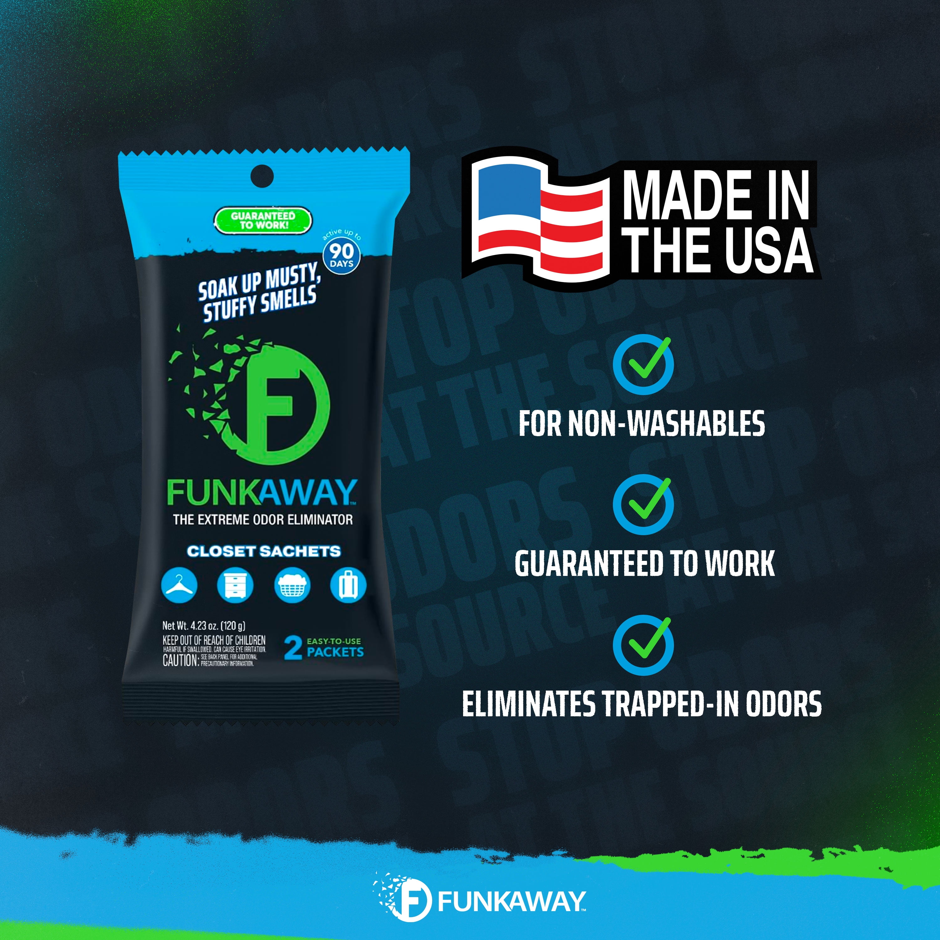 (2 pack) FunkAway Extreme Odor Eliminating Closet Sachets, Odor Absorbing Packets, Multipurpose, 3.88 oz