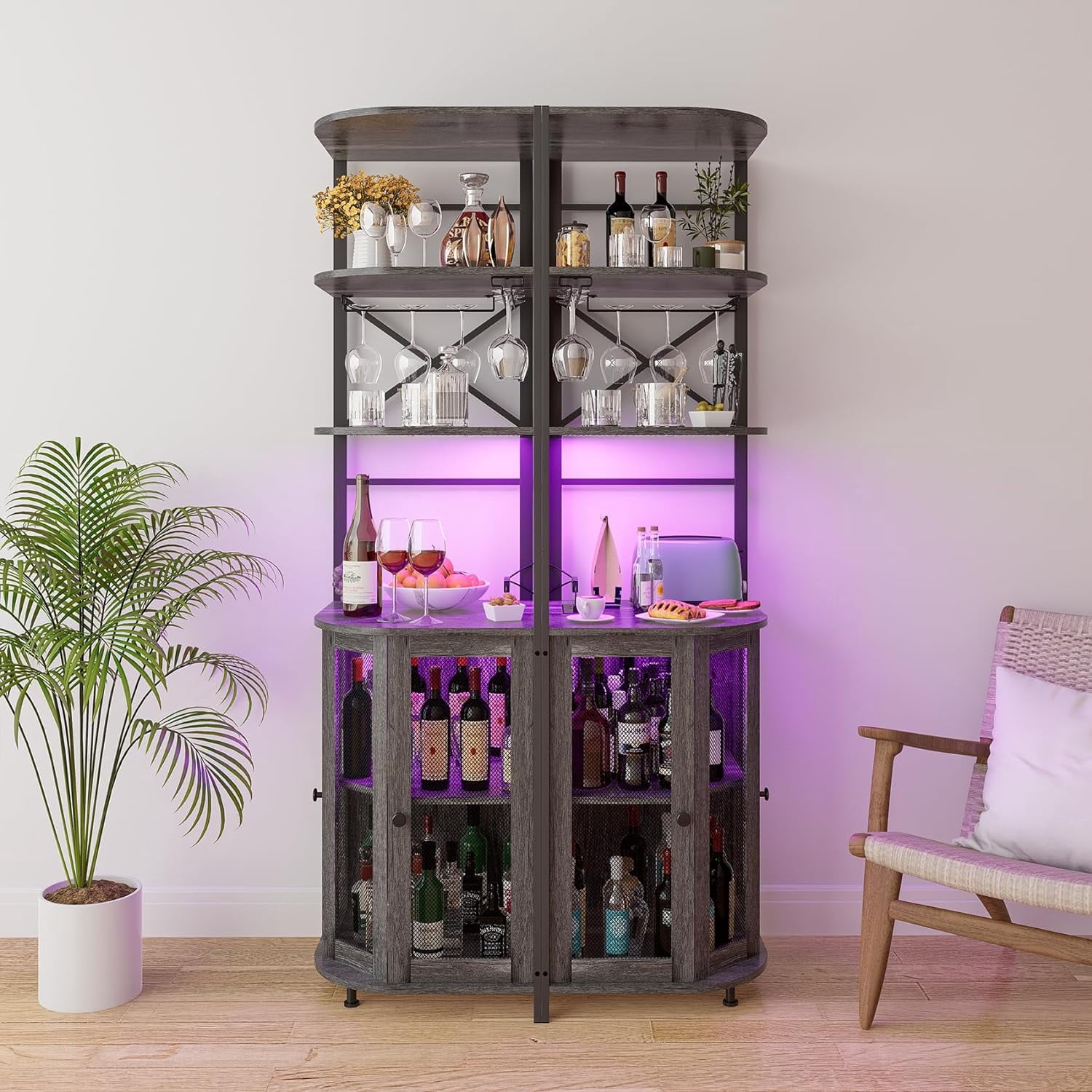 Frmobepts Corner Bar Cabinet with Power Outlet, 6-Tiers Industrial Wine Cabinet with LED Strip and Glass Holder for Living Room, Kitchen, Grey