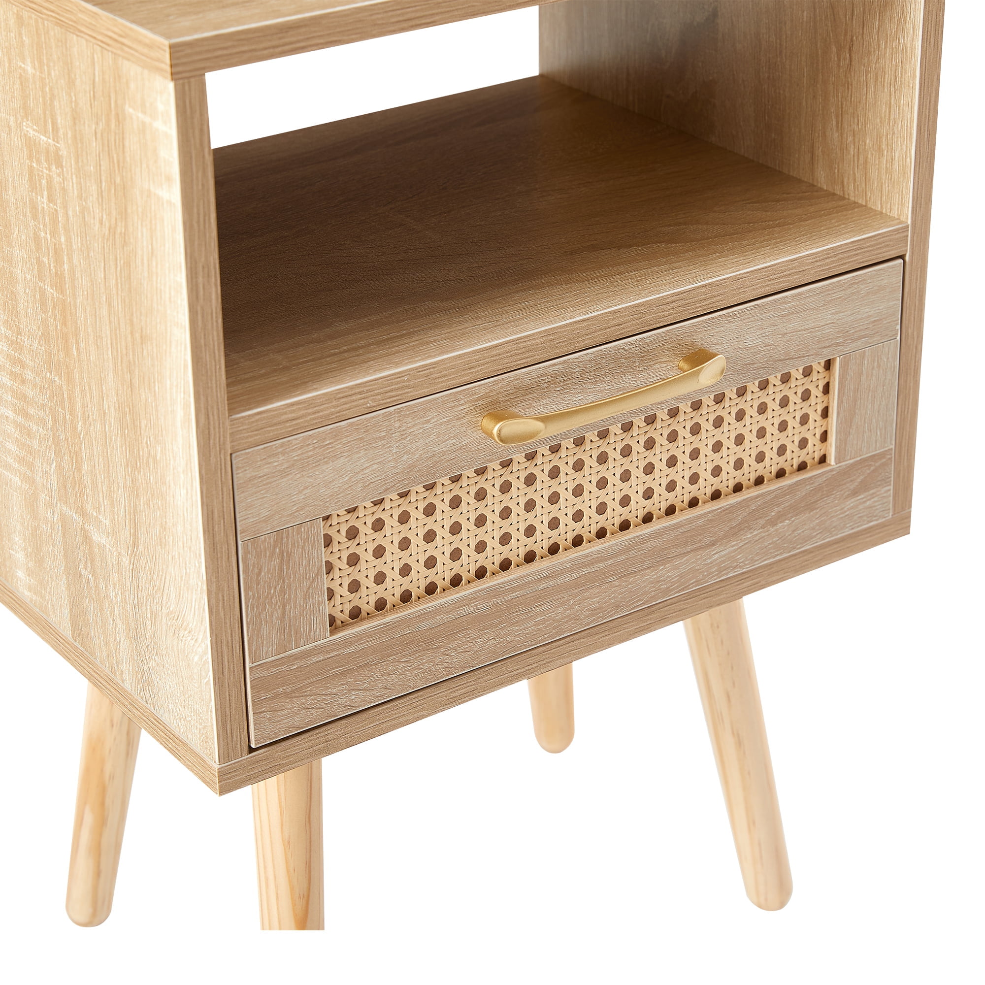 Kepooman Rattan Nightstand, 15.75" Bedside Table with Drawer and Solid Wood Legs, Wood End Table for Bedroom, Natural Kepooman Rattan Nightstand, 15.75" Bedside Table with Drawer and Solid Wood Legs, Wood End Table for Bedroom, Natural