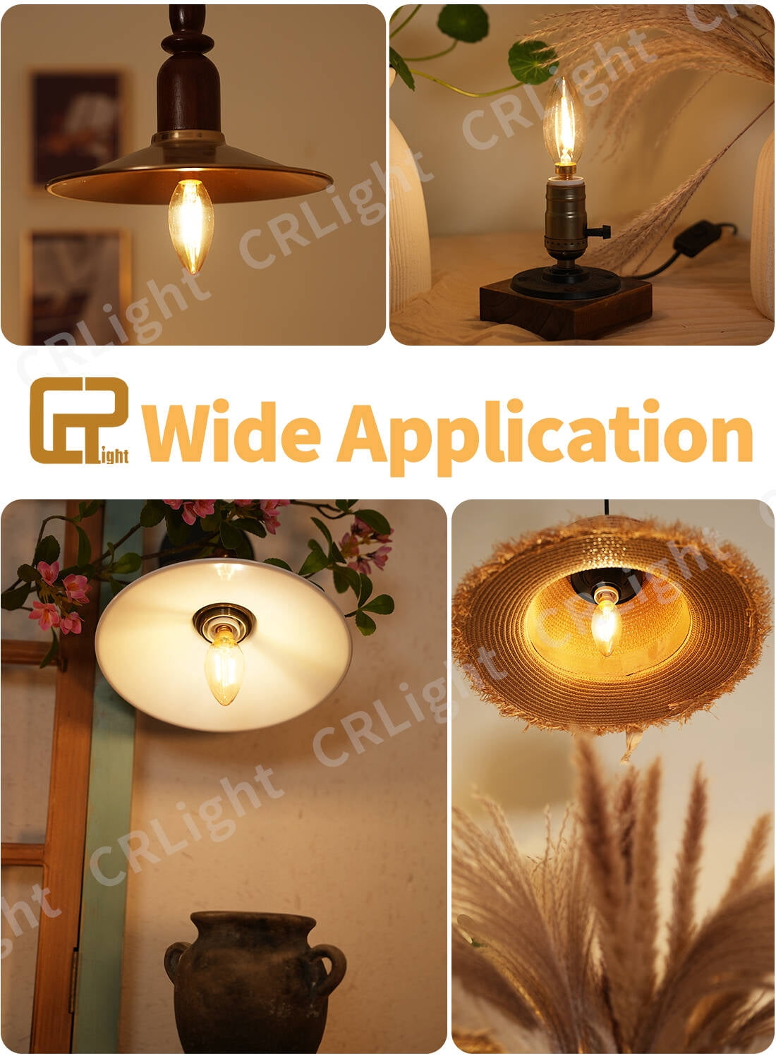 CRLight E12 2W Amber Glass LED Candelabra Bulbs, 25W Equivalent 250LM, 2700K Warm White, B11 Vintage Edison Candle Chandelier Light Bulbs for Ceiling Fan & Wall Sconce, Non-Dimmable, 12 Pack