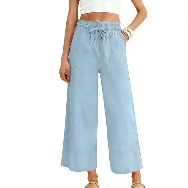 Pantalones Elásticos de Cintura para las Mujeres Color Sólido Vendaje Casual Pantalones Largos con Bolsillos, Pantalones de Cintura Alta Mujeres Cómodos Control Del Vientre Primavera Verano